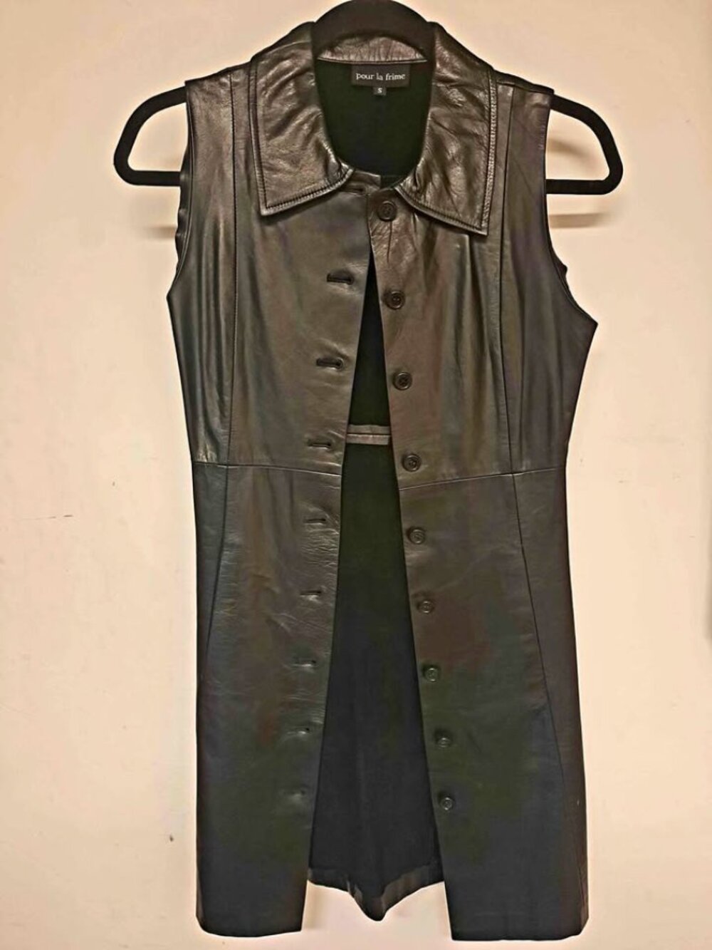 Leather Sleeveless collared Coat Longline Vest small woman Genuine Leather